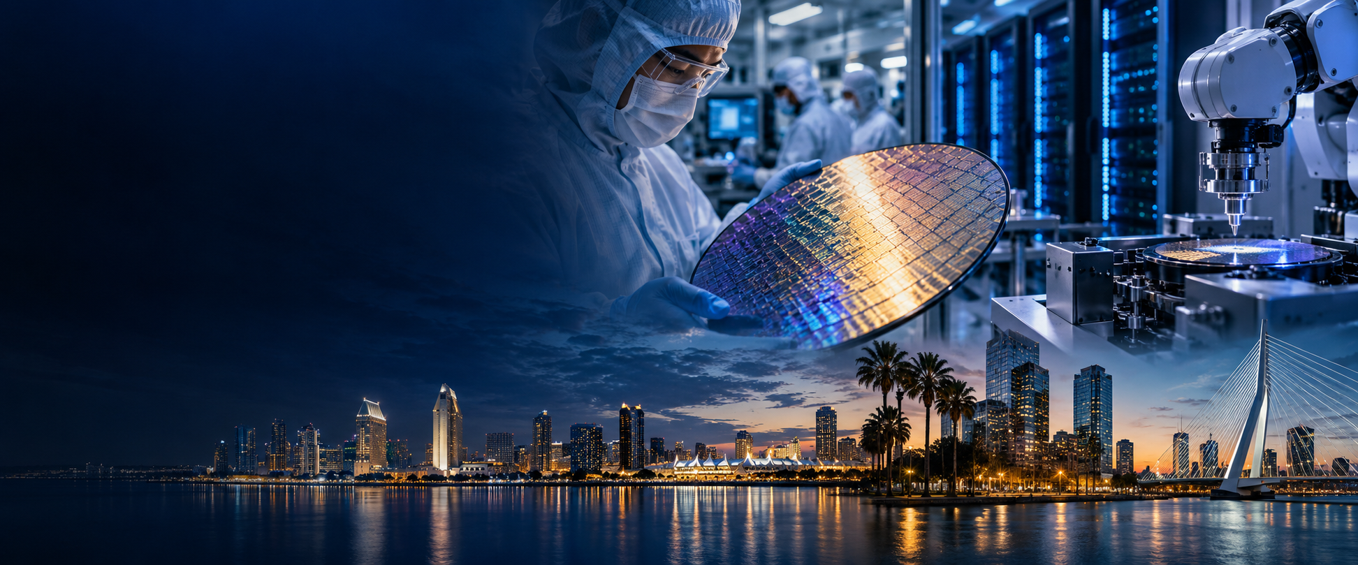 Illustrative AI-generated montage of semiconductor manufacturing, AI infrastructure, robotics and international cityscapes